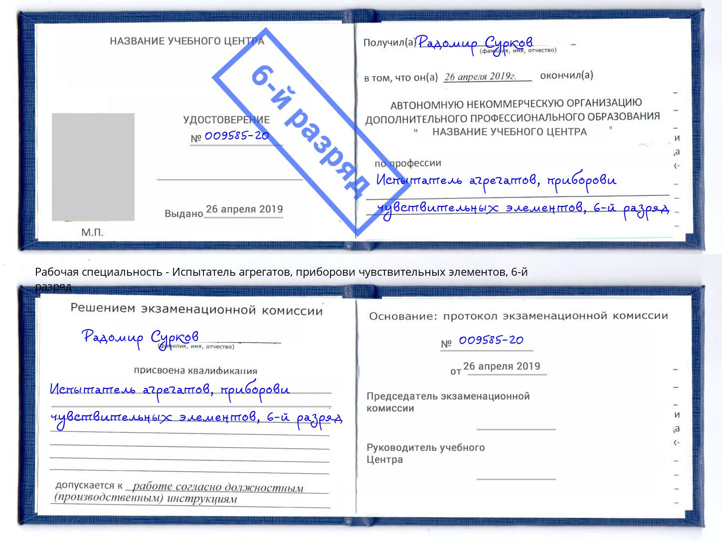 корочка 6-й разряд Испытатель агрегатов, приборови чувствительных элементов Фурманов