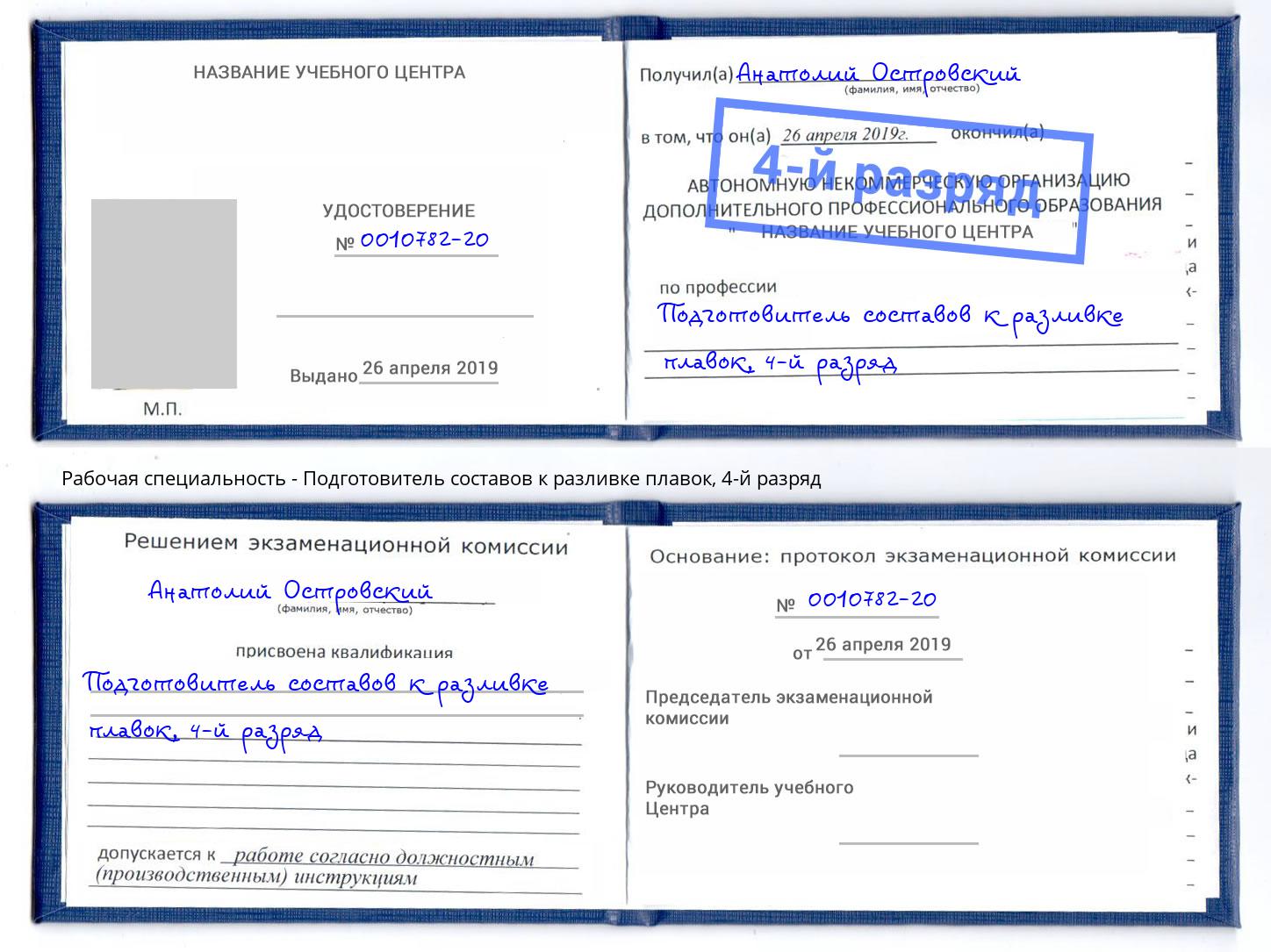 корочка 4-й разряд Подготовитель составов к разливке плавок Фурманов