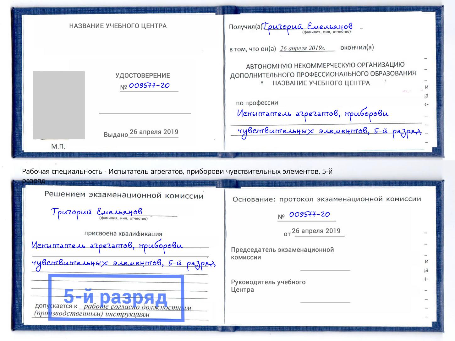 корочка 5-й разряд Испытатель агрегатов, приборови чувствительных элементов Фурманов