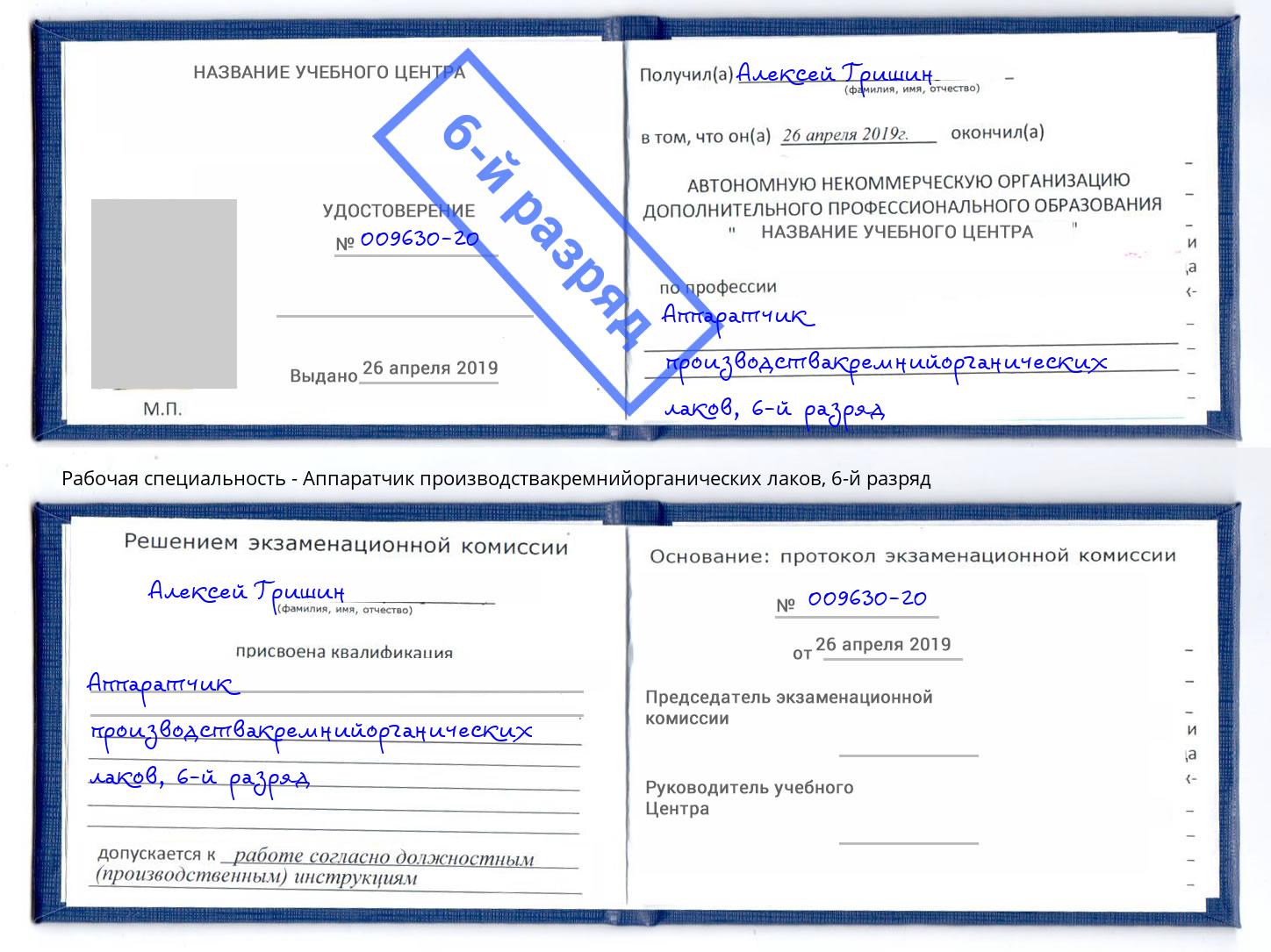 корочка 6-й разряд Аппаратчик производствакремнийорганических лаков Фурманов