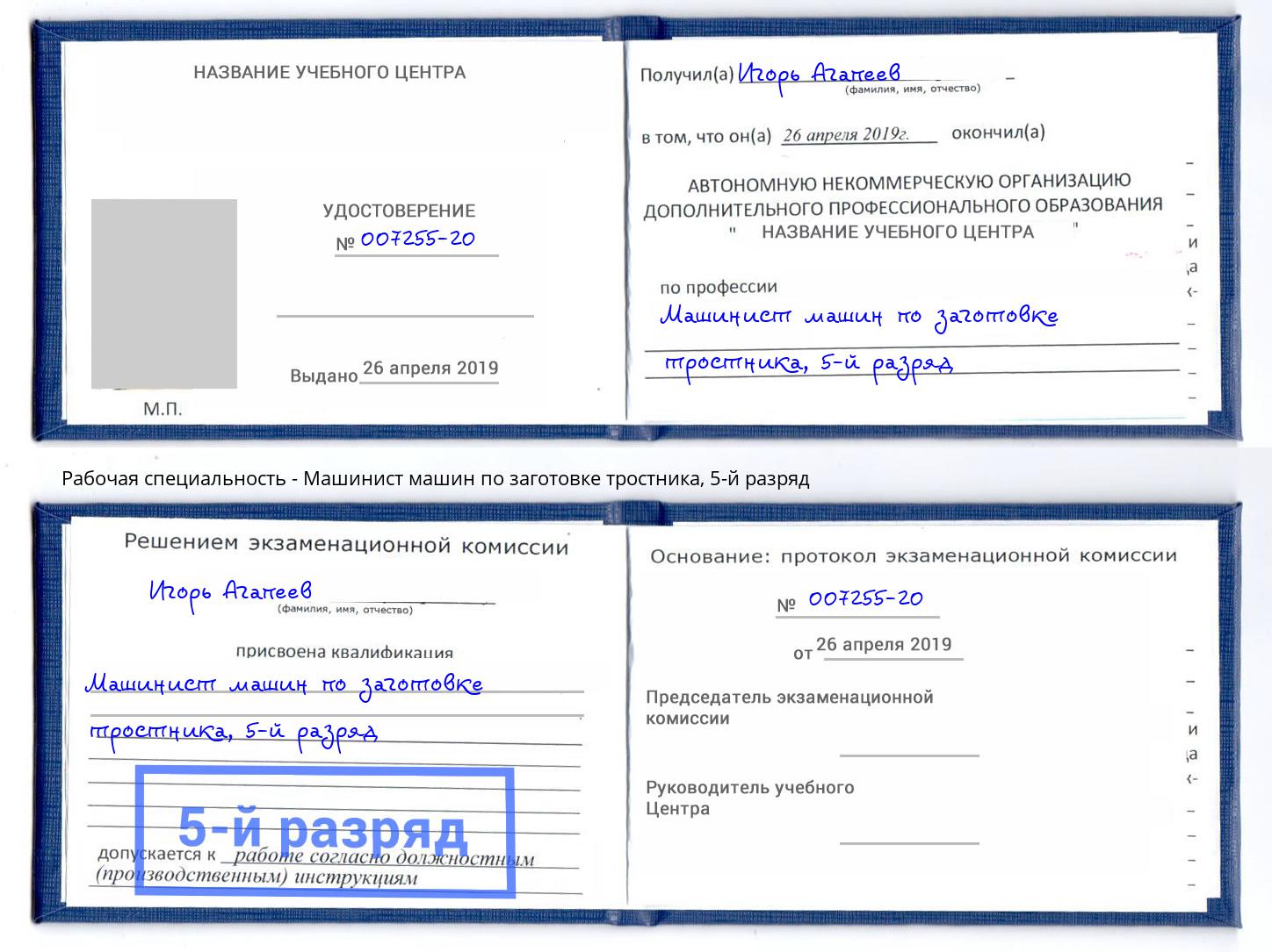корочка 5-й разряд Машинист машин по заготовке тростника Фурманов