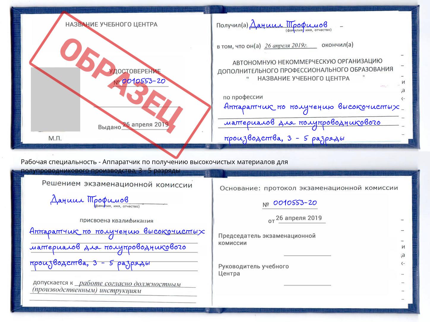 корочка 3 - 5 разряды Аппаратчик по получению высокочистых материалов для полупроводникового производства Фурманов