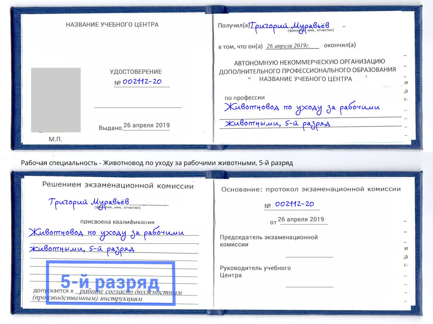 корочка 5-й разряд Животновод по уходу за рабочими животными Фурманов
