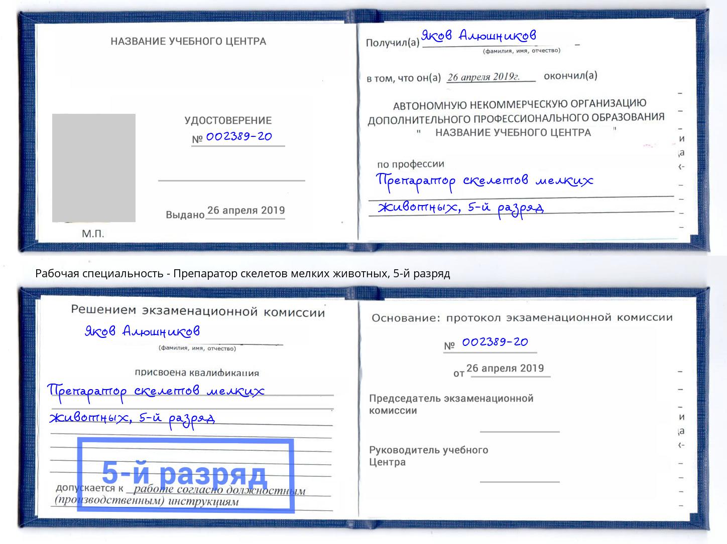корочка 5-й разряд Препаратор скелетов мелких животных Фурманов