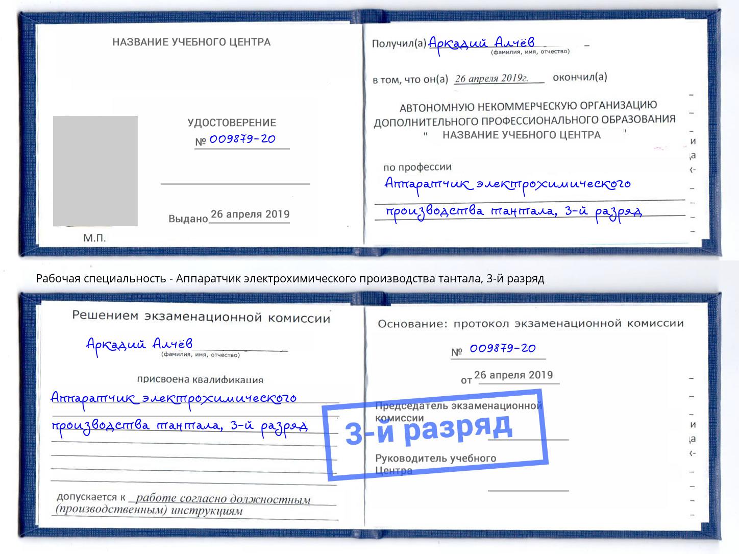 корочка 3-й разряд Аппаратчик электрохимического производства тантала Фурманов