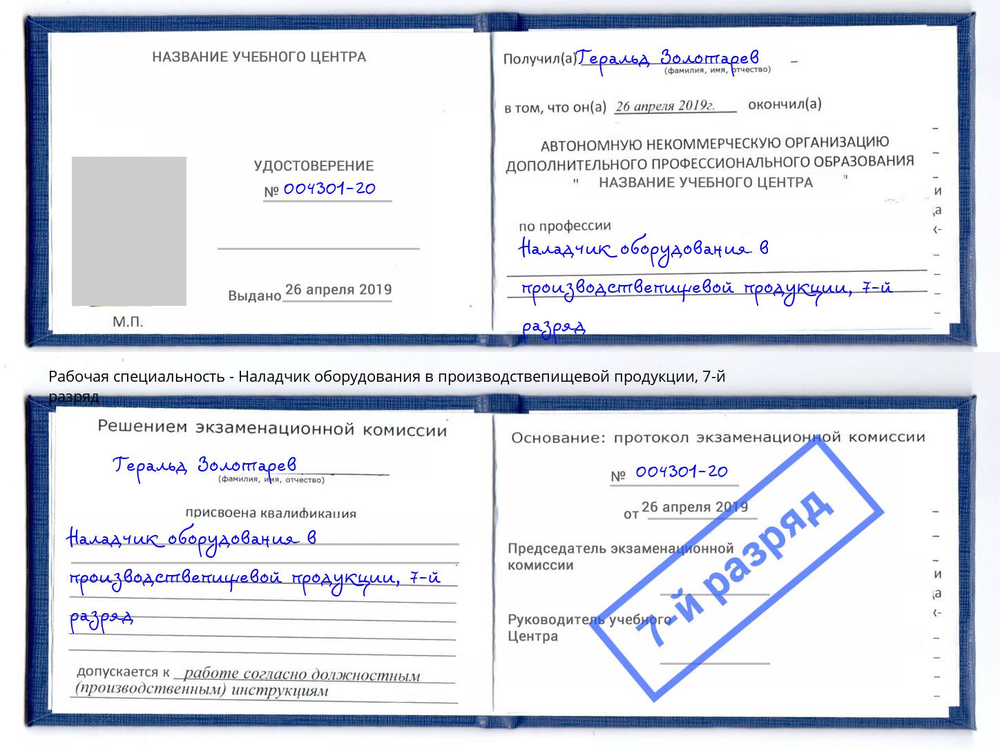 корочка 7-й разряд Наладчик оборудования в производствепищевой продукции Фурманов