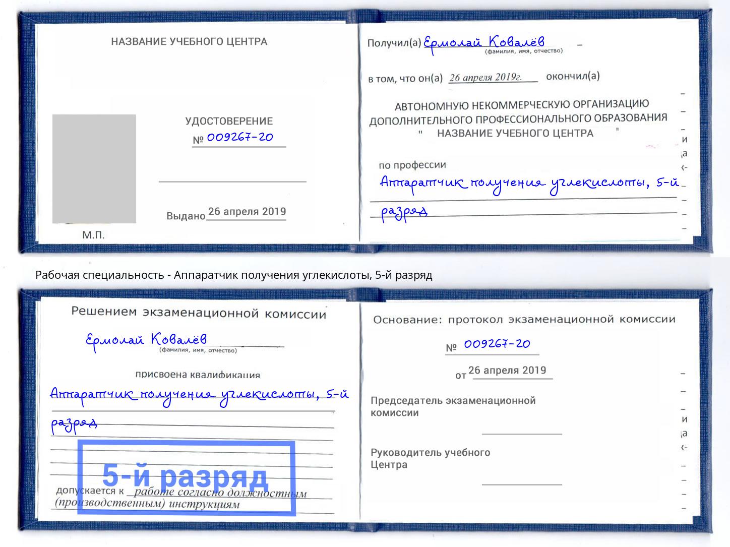 корочка 5-й разряд Аппаратчик получения углекислоты Фурманов